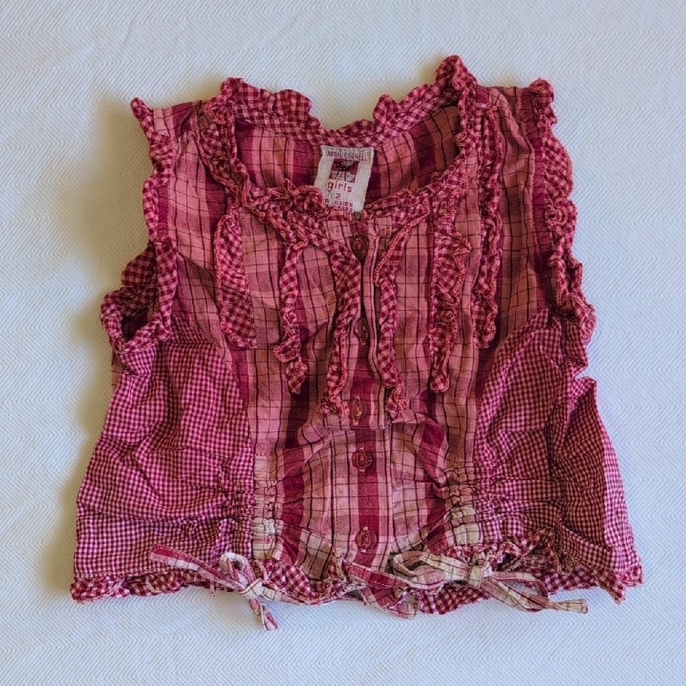 Vintage April Cornell Girls Gingham Plaid Ruffle Sleeveless Top Red Cream 2T